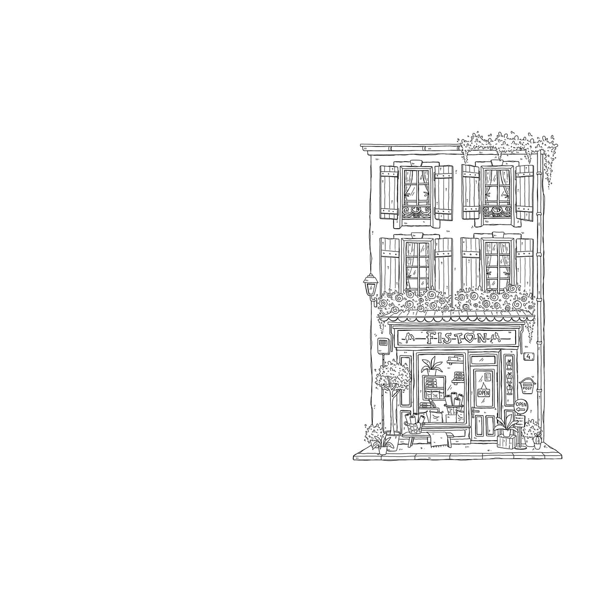 Detailed black and white line drawing of a three-story building with decorative elements.