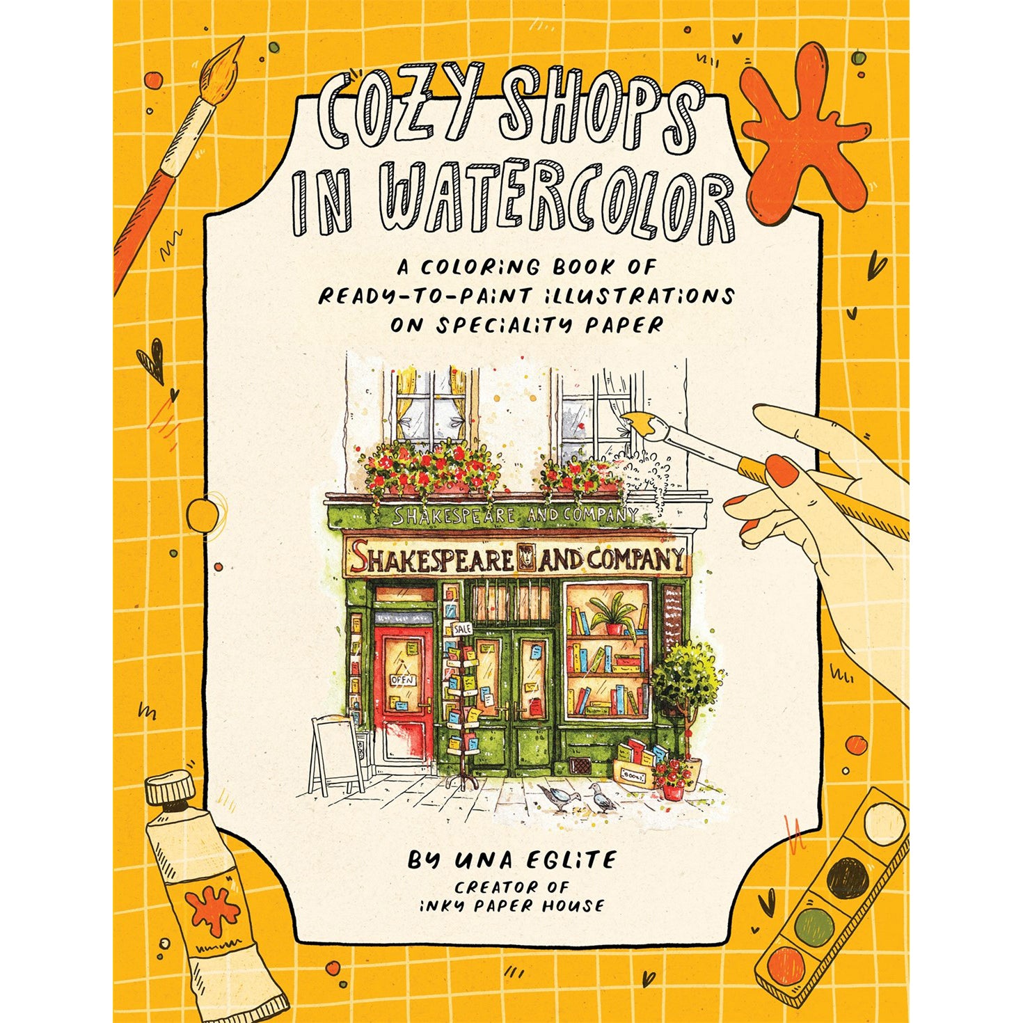 Book cover of 'Cozy Shops in Watercolor' with illustration of a bookshop and paintbrushes.