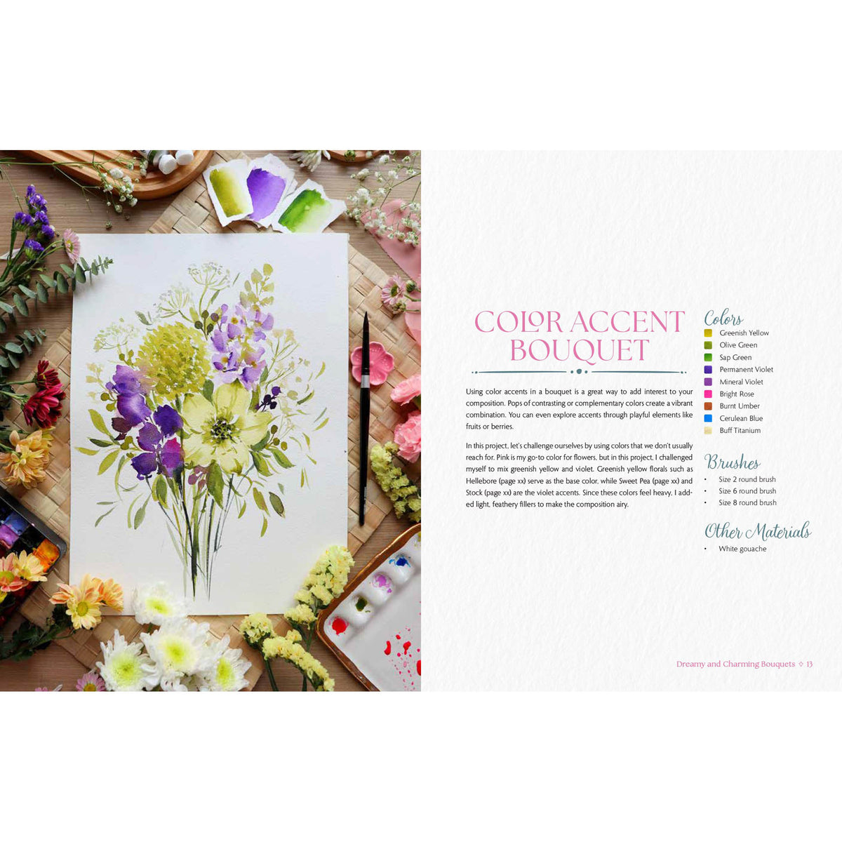 Artistic depiction of a floral bouquet with watercolor techniques on a wooden surface.