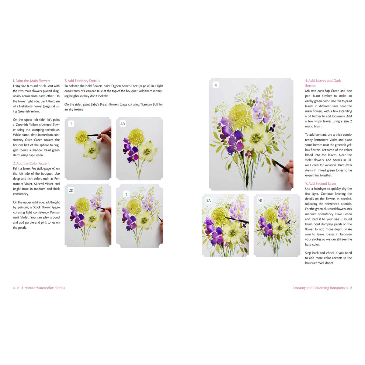 Illustrations of floral arrangements and painting techniques on a white background