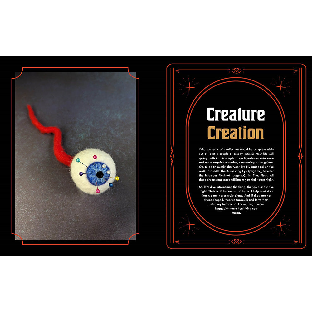 An open book on a black background, showing a small handmade creature-like object on the left page and a text panel titled 'Creature Creation' on the right page.