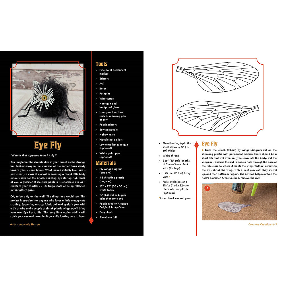 An instructional art print or booklet page titled 'Eye Fly' showing step-by-step instructions, materials list, and tools for making a fly wings model. The left page has a black background with a photo of a finished model, text, and a materials list.