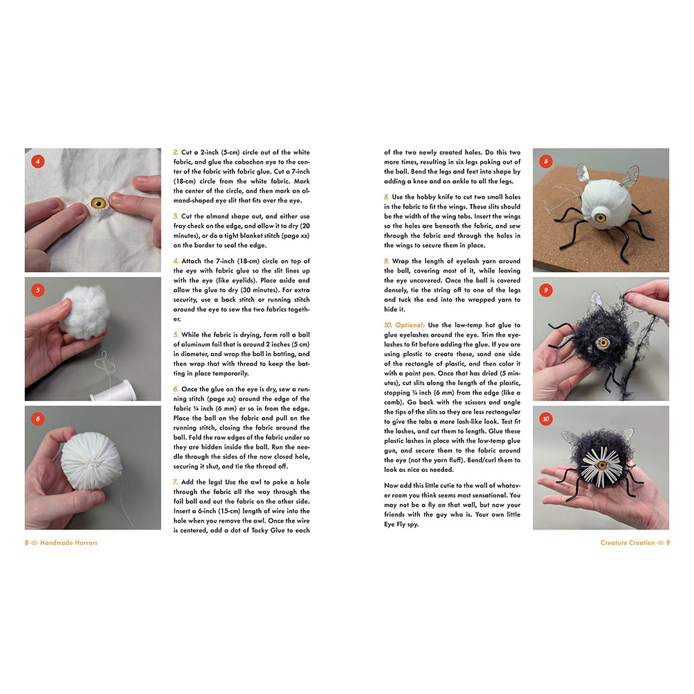 A page from a craft book showing step-by-step instructions and small photos of making a handkerchief. The page includes numbered photos, blocks of instructional text, and a small inset photo of a finished craft bug.