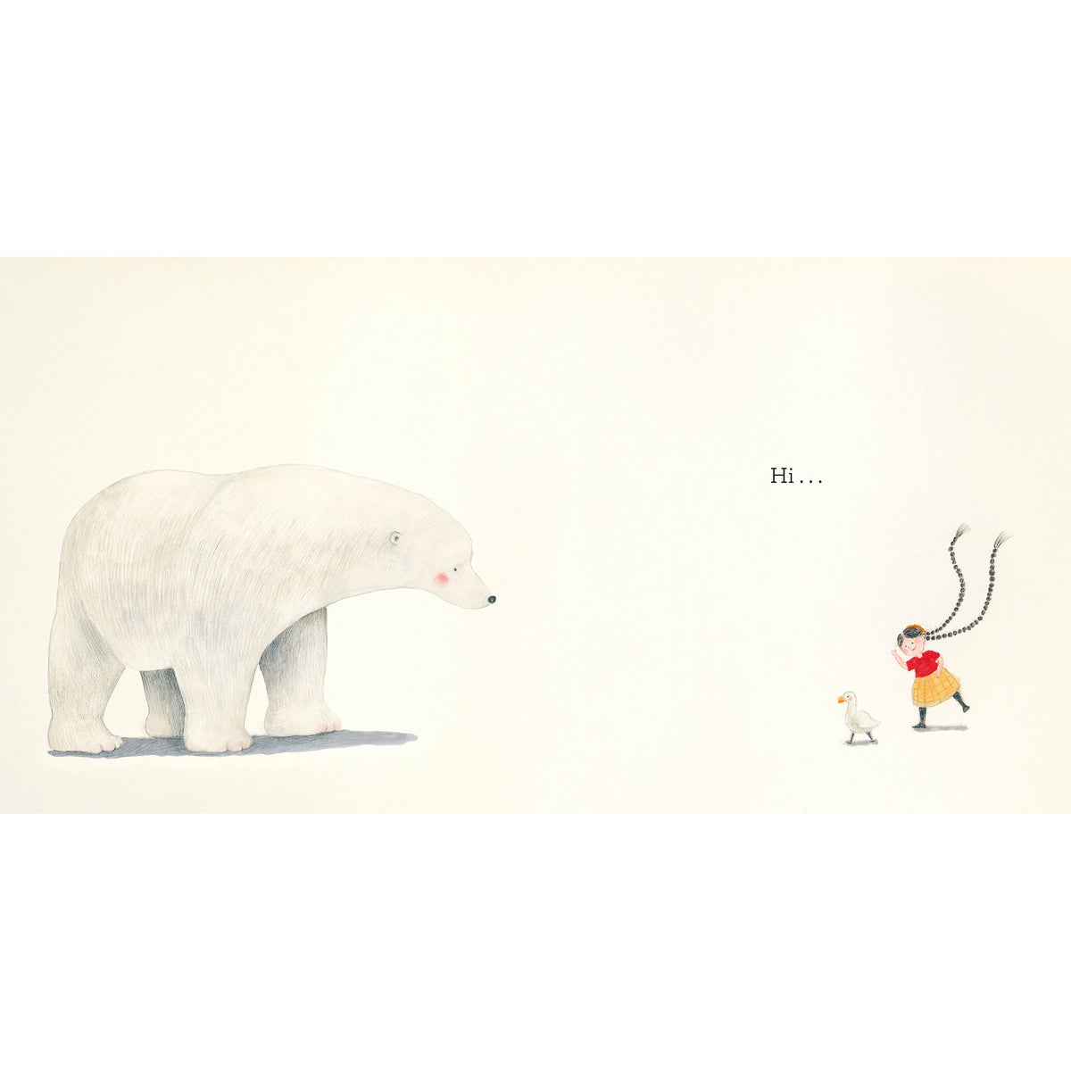 Illustration of a polar bear and a small child with a dog on a white background