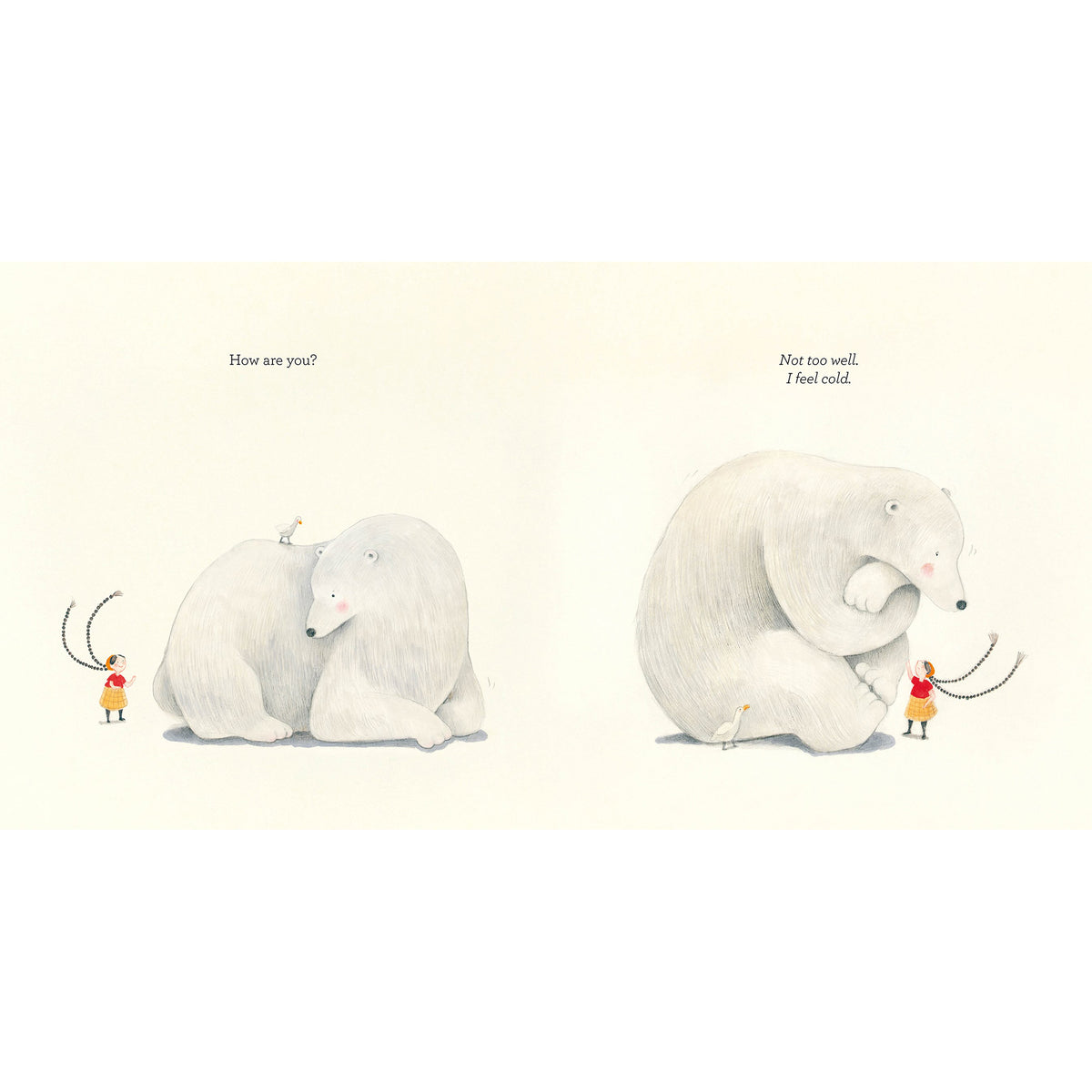 Illustration of a polar bear and a person on a minimalistic background