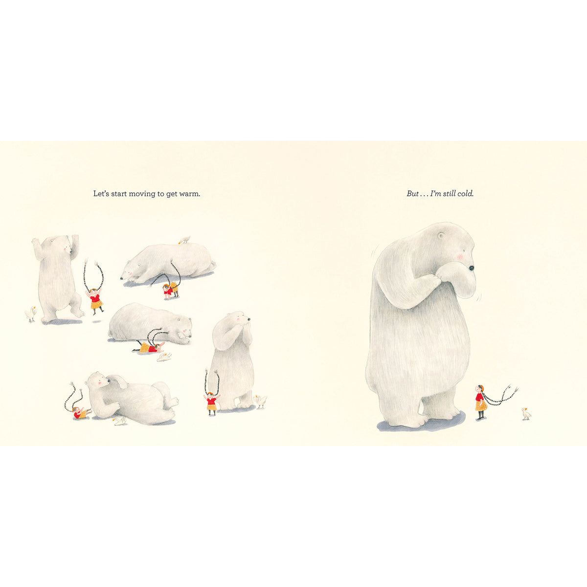 Illustration of a large white creature and smaller figures on a beige background