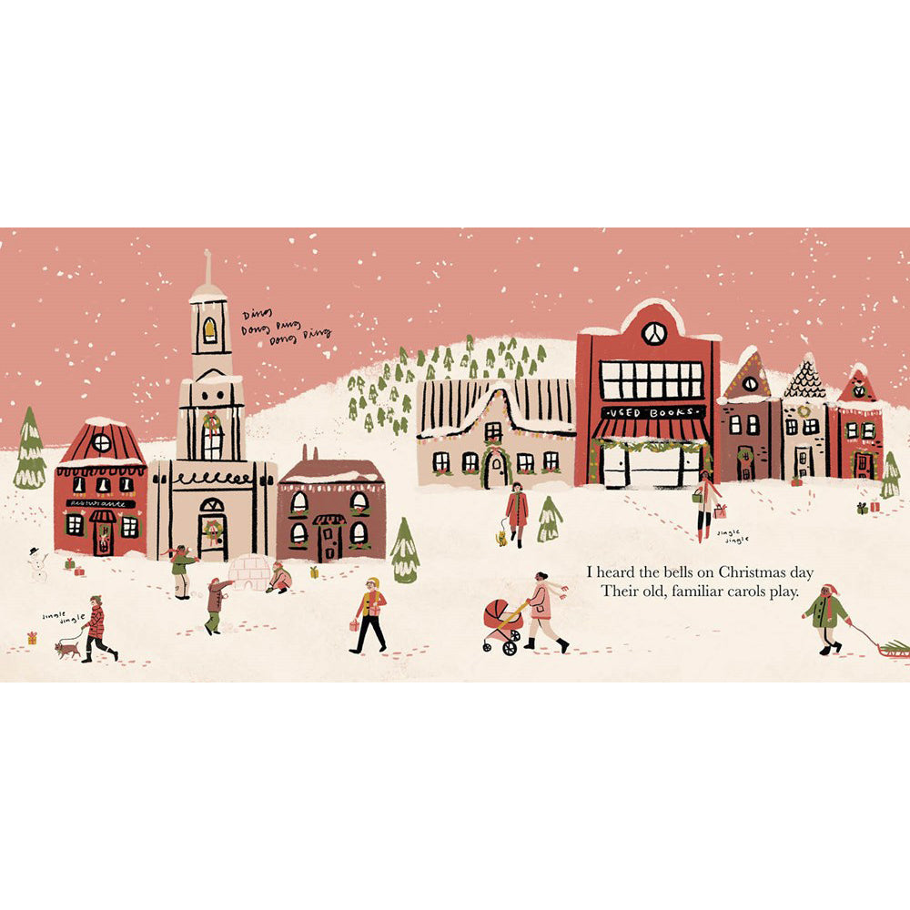Book cover of 'I Heard the Bells on Christmas Day' with illustrations of a church, trees, and people.