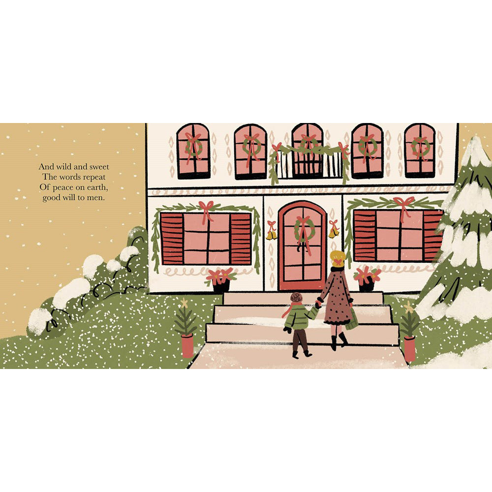 Illustration of a couple standing on a snowy porch with a decorated house in the background.