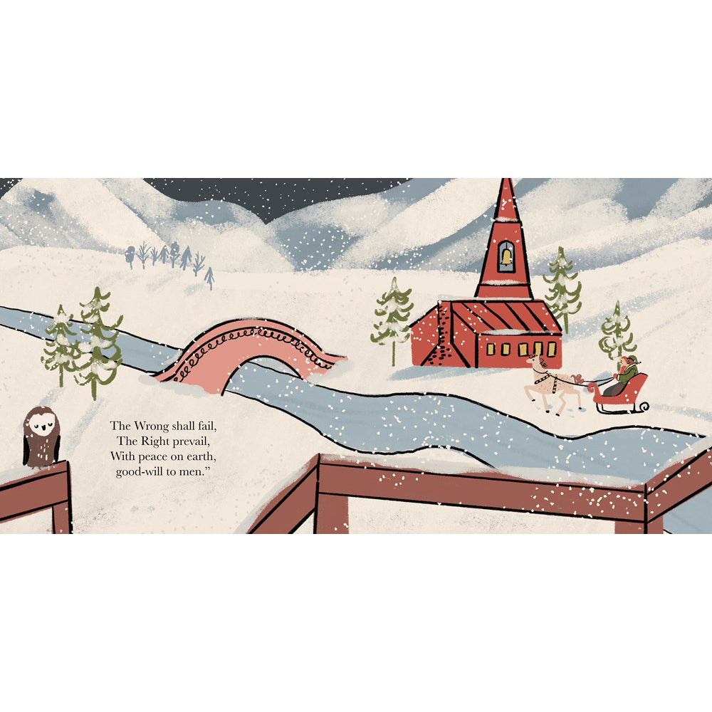 Illustration of a snowy landscape with a church, bridge, and reindeer sleigh.