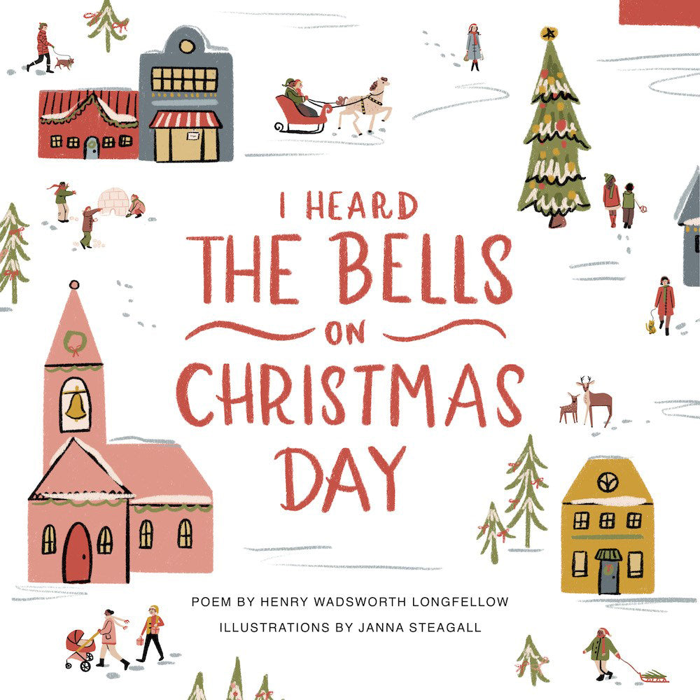 Book cover of 'I Heard the Bells on Christmas Day' with illustrations of a church, trees, and people.