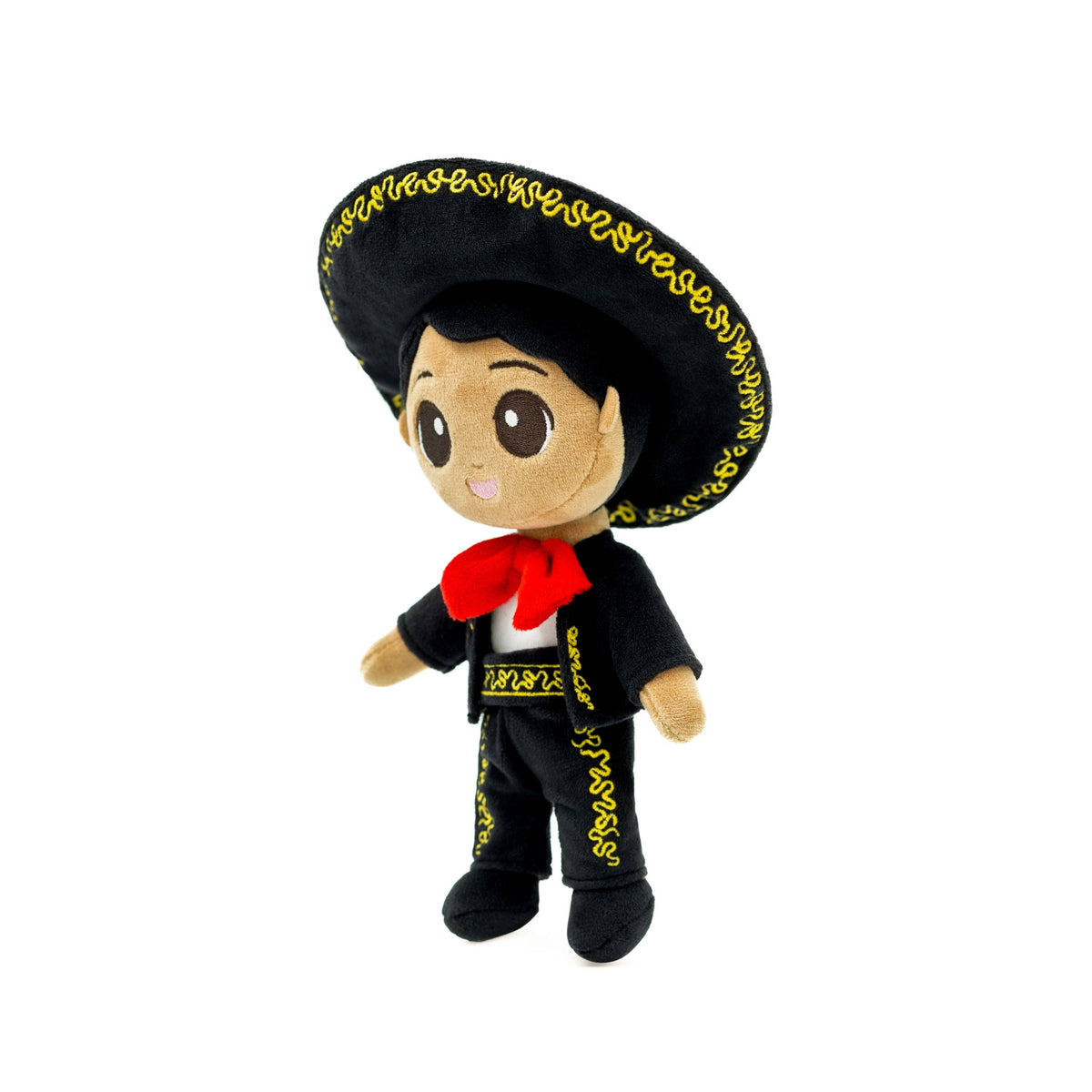 Plush toy in traditional Mexican attire with a black sombrero on a white background