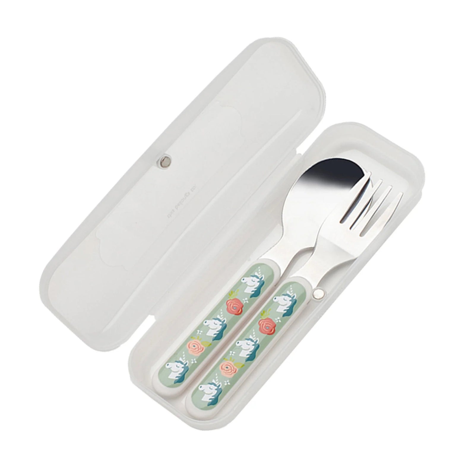 Children's cutlery set with fork and spoon in a white case on a white background