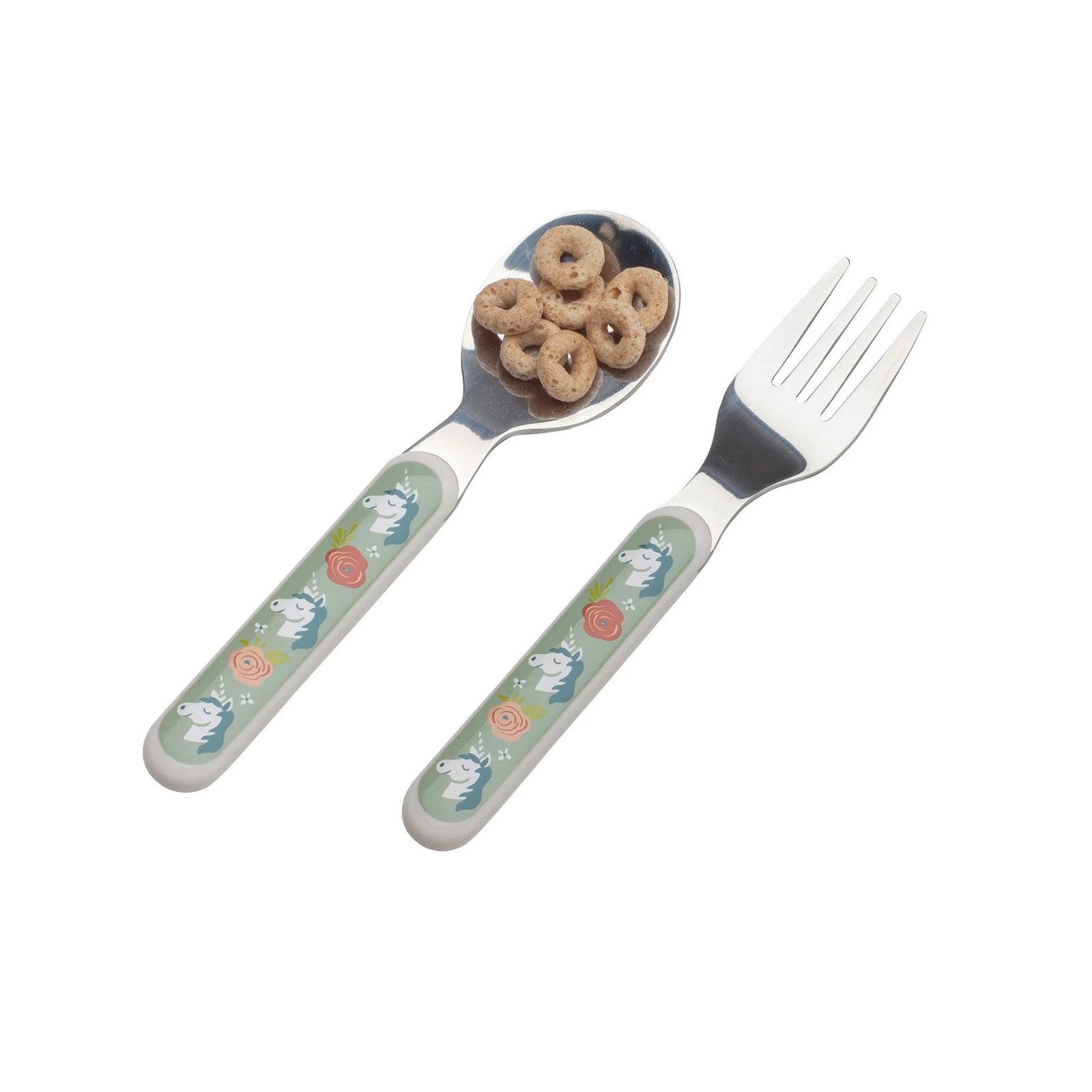 Children's cutlery set with fork and spoon in a white case on a white background