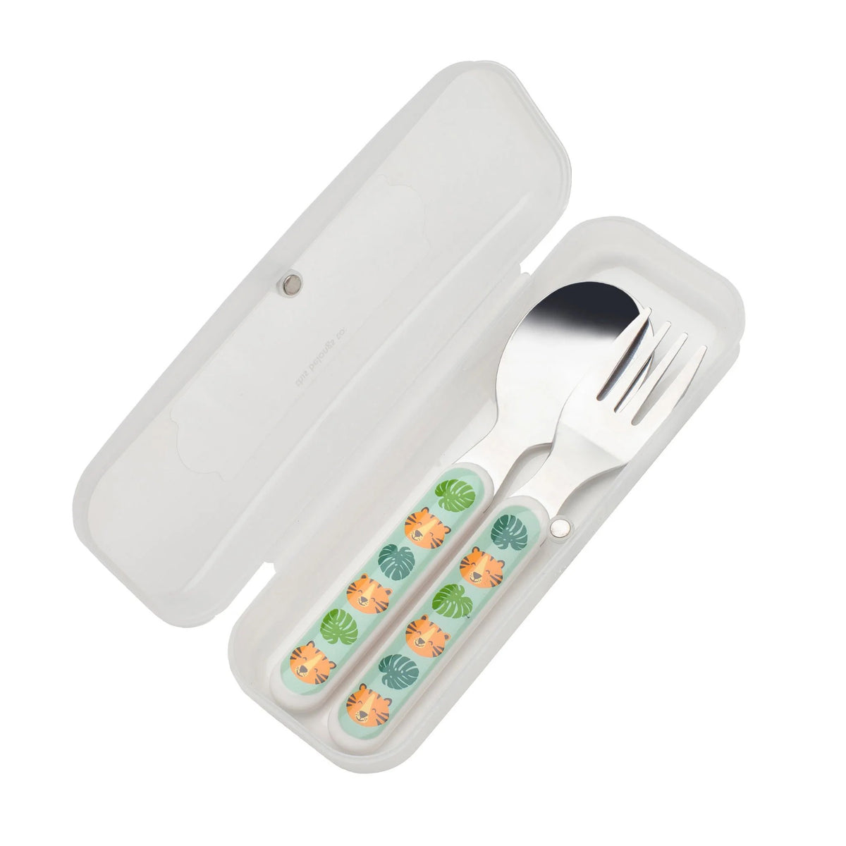 Children&#39;s cutlery set with lion design in a white case on a white background