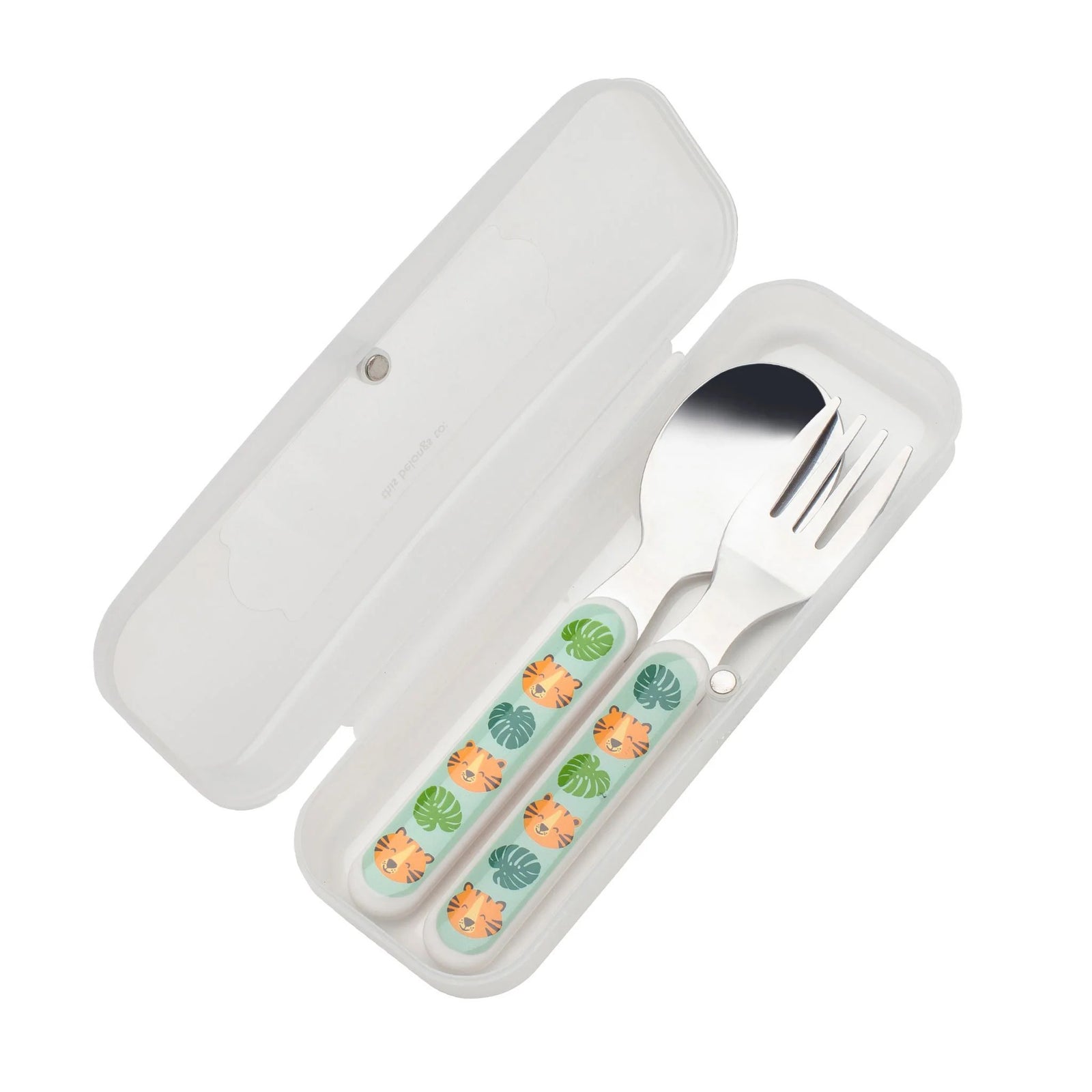 Children's cutlery set with lion design in a white case on a white background