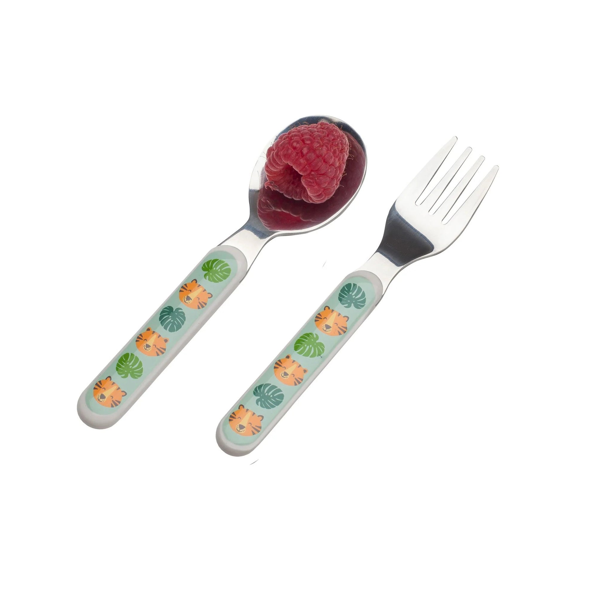Children's cutlery set with lion design in a white case on a white background