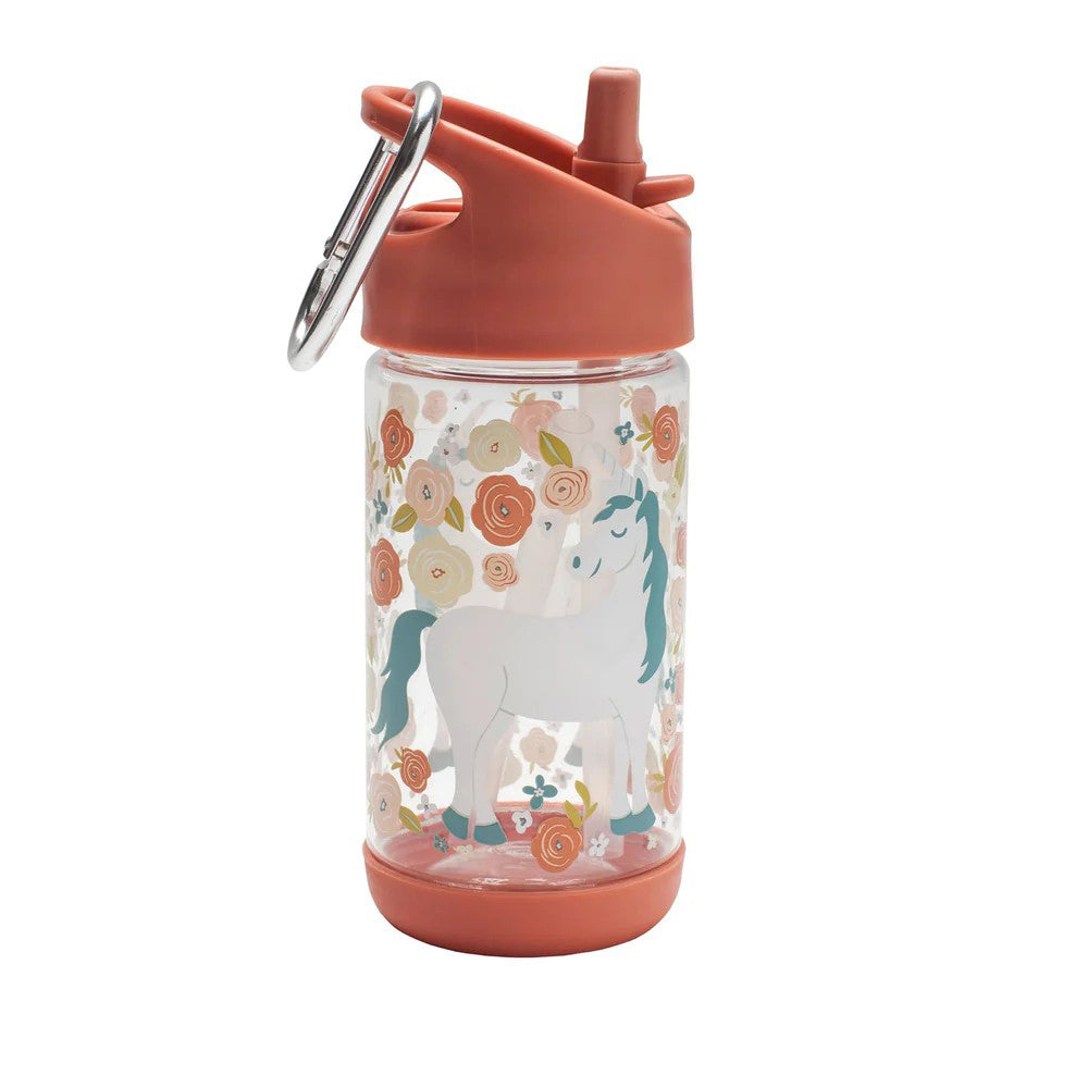 Children's water bottle with unicorn design and coral lid on a white background