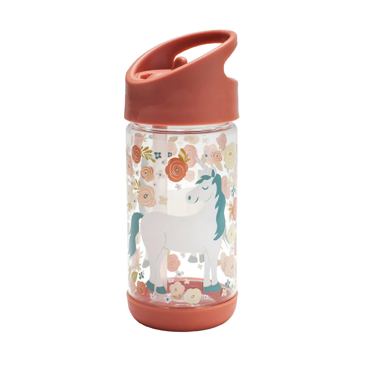 Children&#39;s water bottle with unicorn design and coral lid on a white background