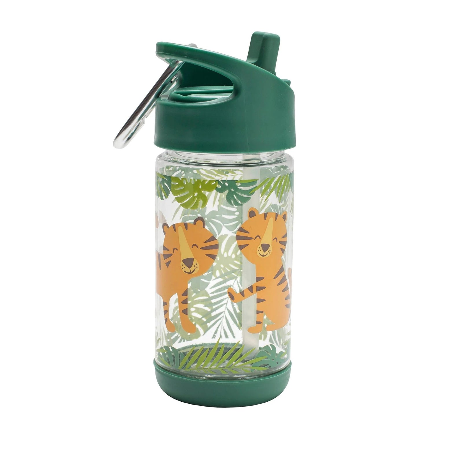 Clear water bottle with green lid and tiger design on a white background