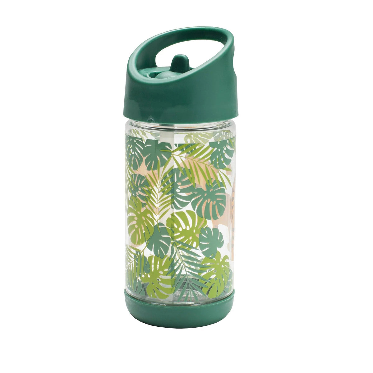 Clear water bottle with green leaf pattern and green lid on a white background