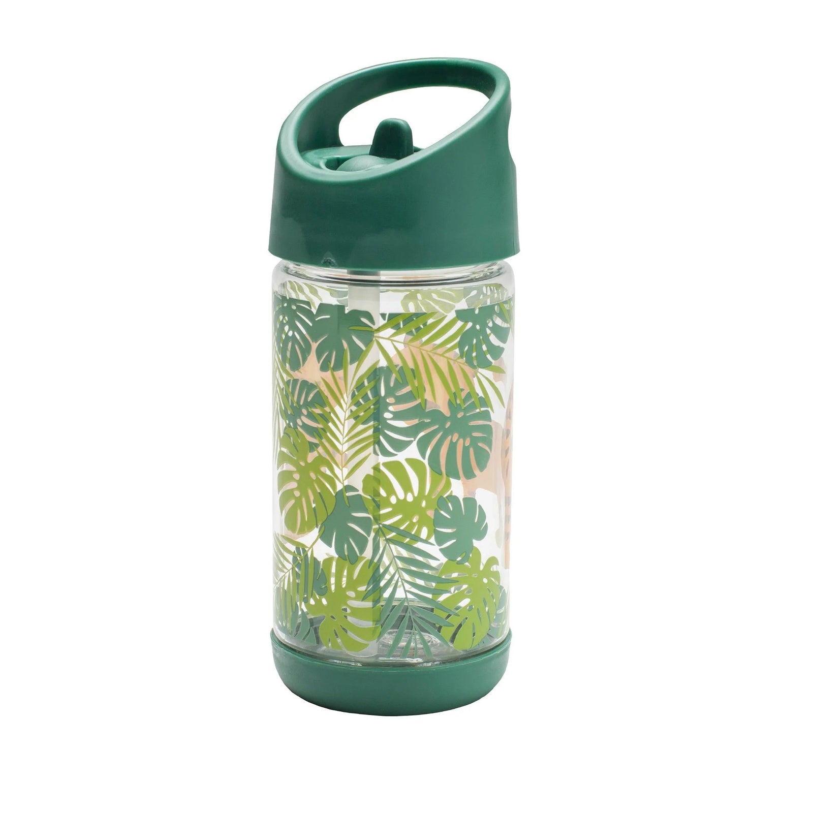 Clear water bottle with green lid and tiger design on a white background