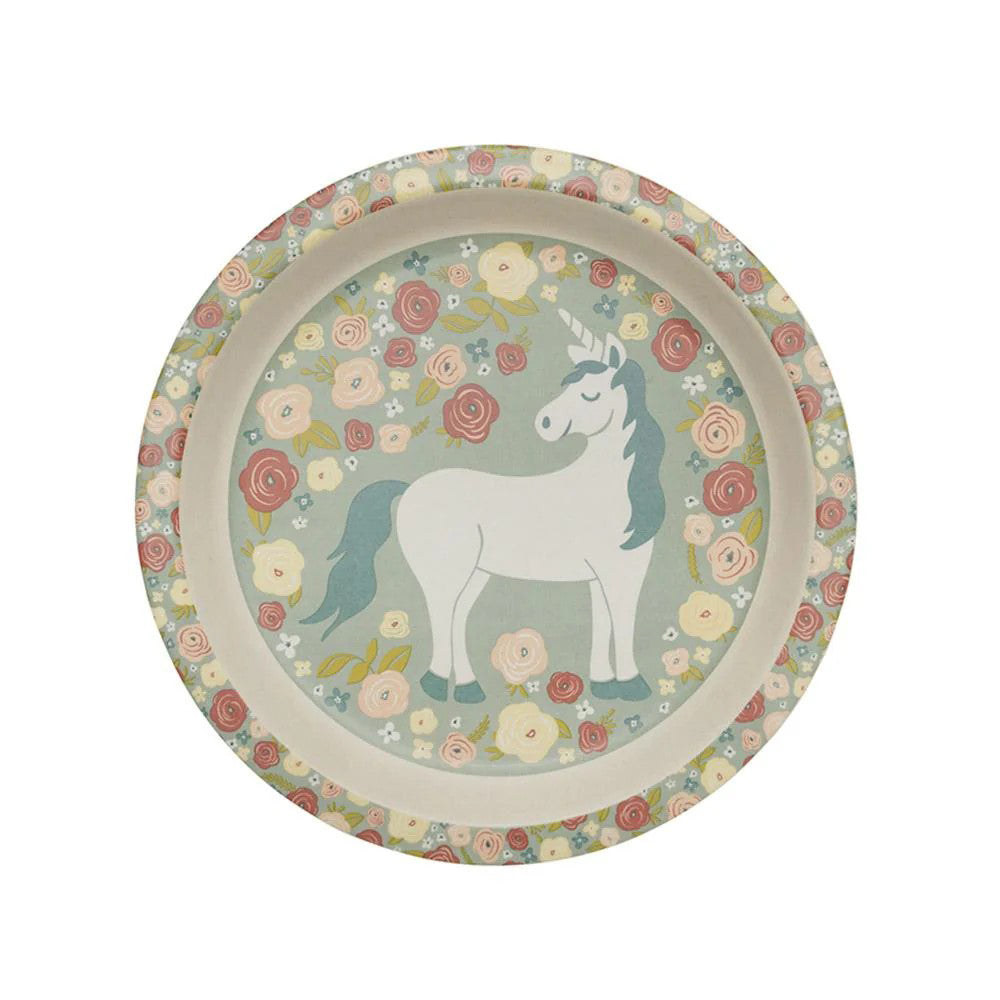 Round plate with a unicorn design on a floral background