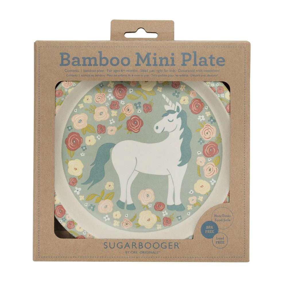 Bamboo mini plate with unicorn design in packaging