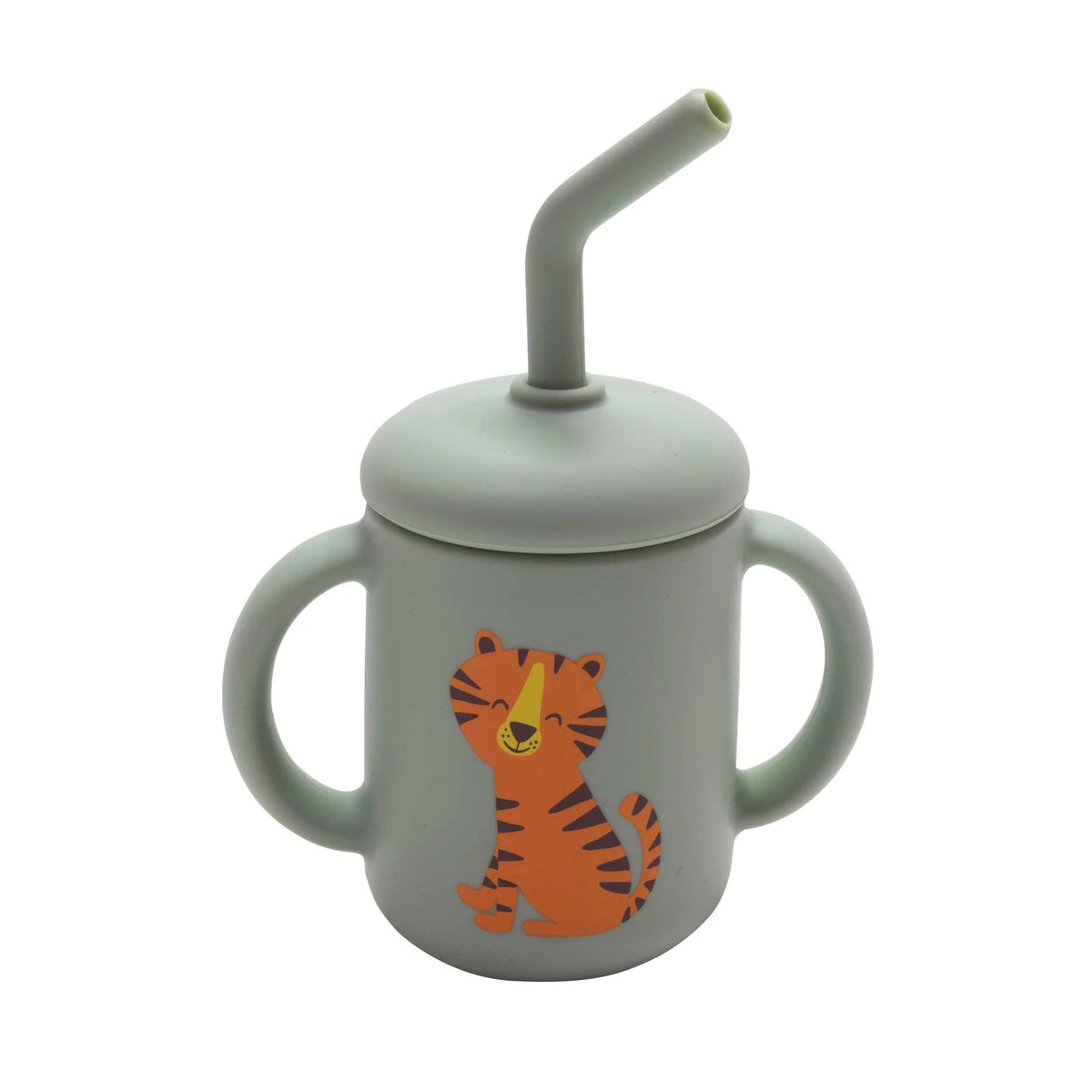 Children&#39;s sippy cup with tiger design and straw on a white background