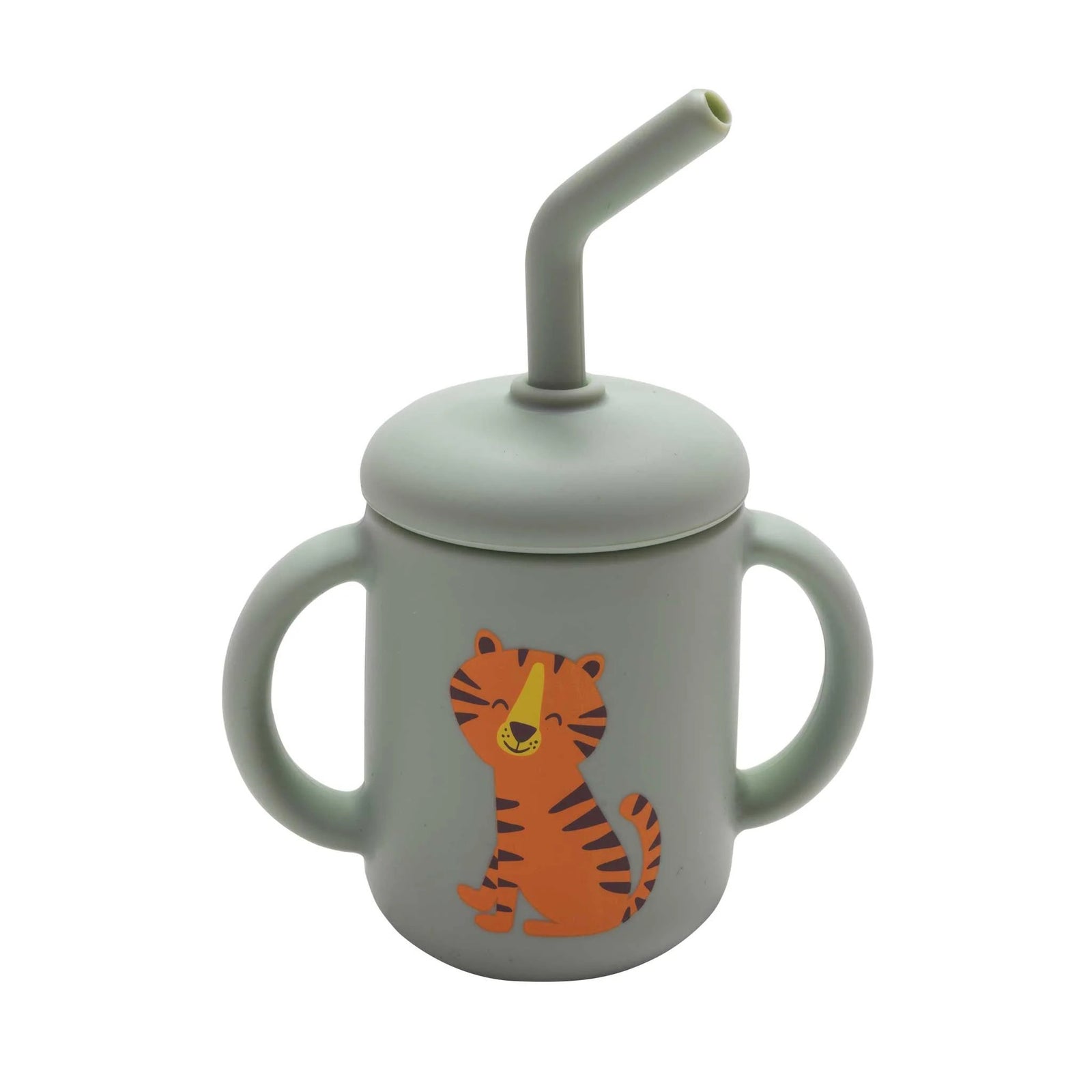 Children's sippy cup with tiger design and straw on a white background