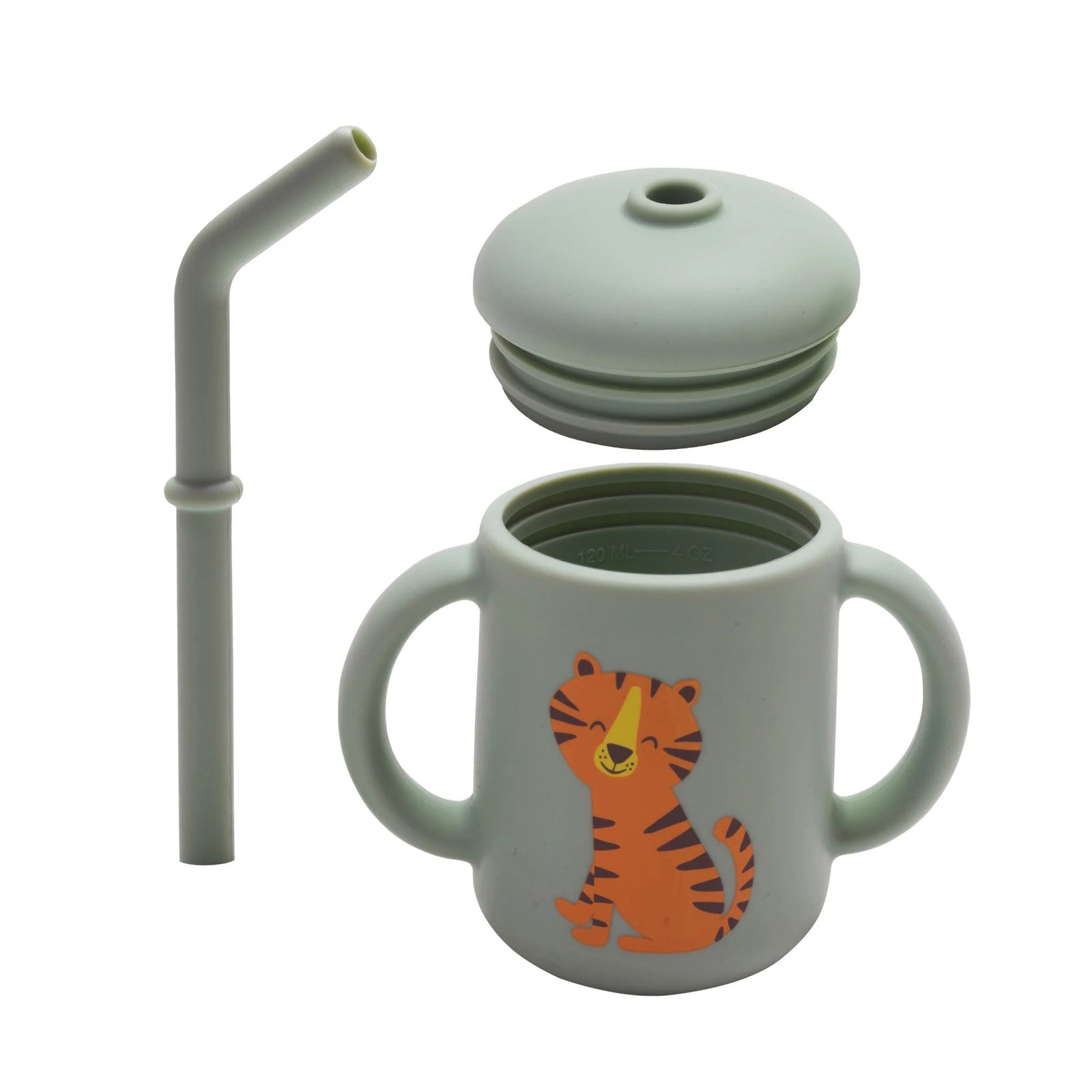 Children's sippy cup with tiger design and straw on a white background