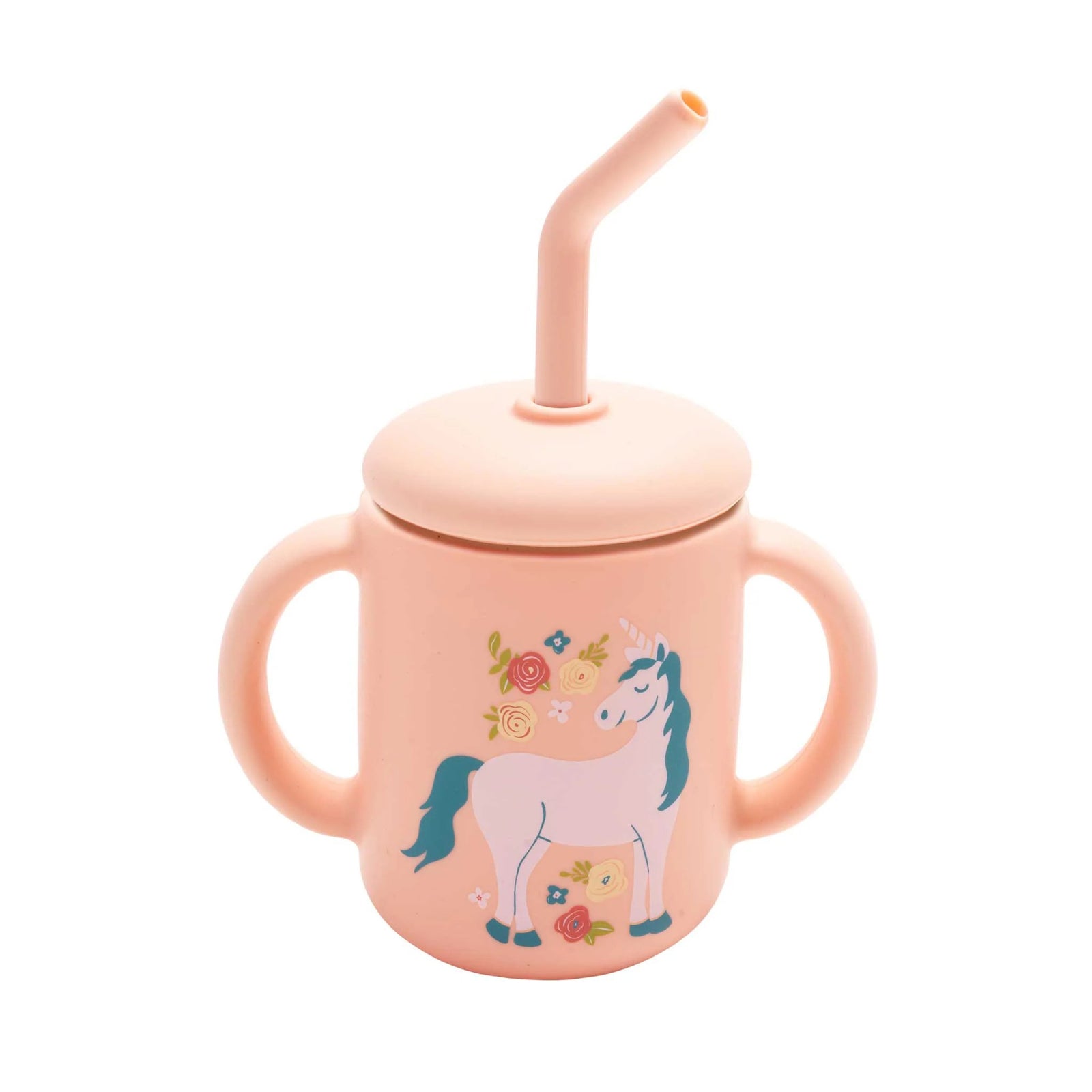 Pink children's cup with unicorn design and straw on a white background