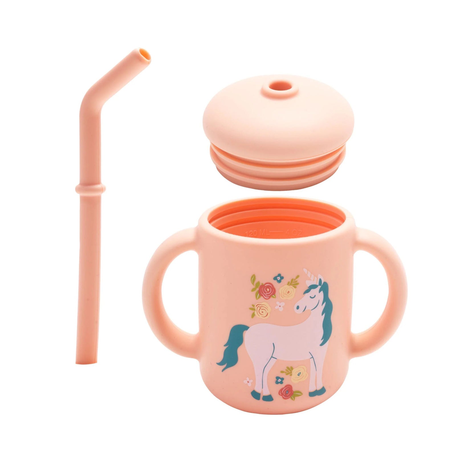 Pink children's cup with unicorn design and straw on a white background
