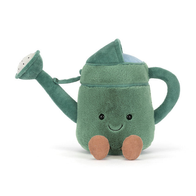 Plush toy watering can with a smiling face on a white background