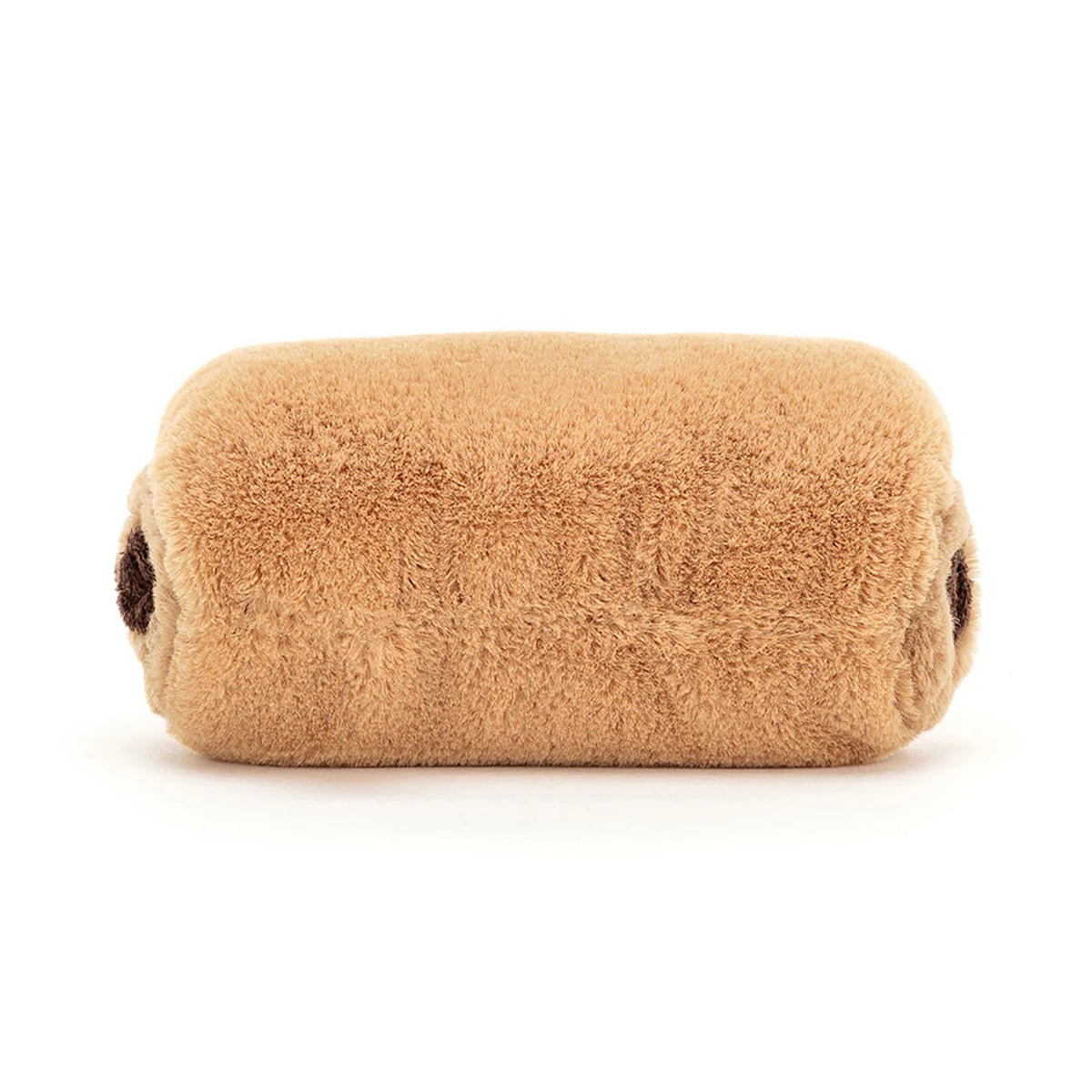 Brown cylindrical plush toy with brown ends on a white background