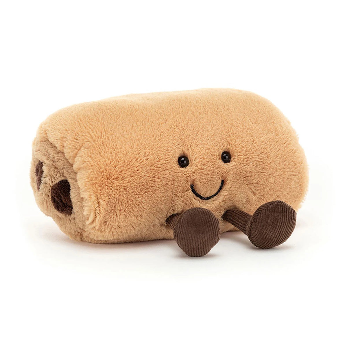A plush toy shaped like a pastry, made of soft tan faux fur with a stitched smiling face and brown corduroy legs, photographed on a clean white background.