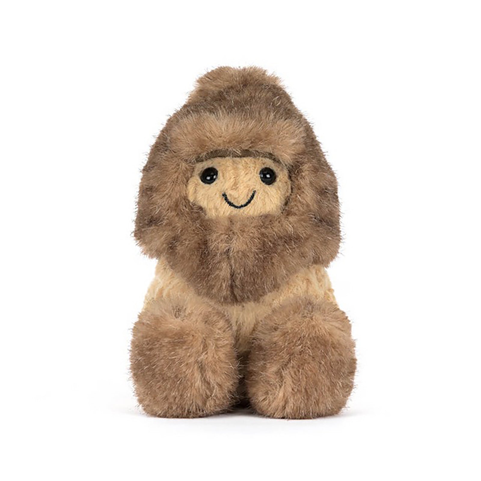 Plush toy resembling a peanut character with a brown hood and body on a white background