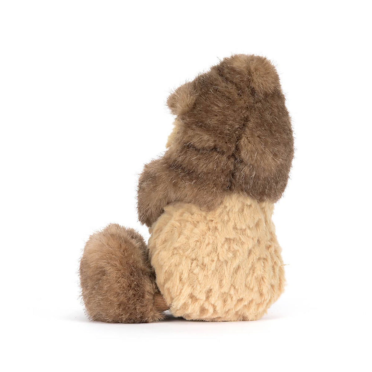 Peanut shaped Jellycat with brown fur and beige bottom on a white background