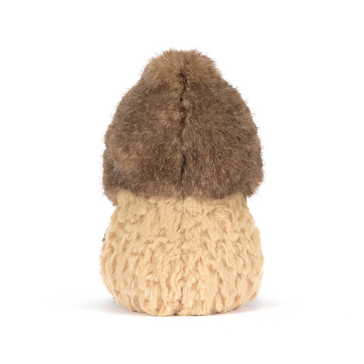 Small plush toy with a brown fur top and beige body on a white background