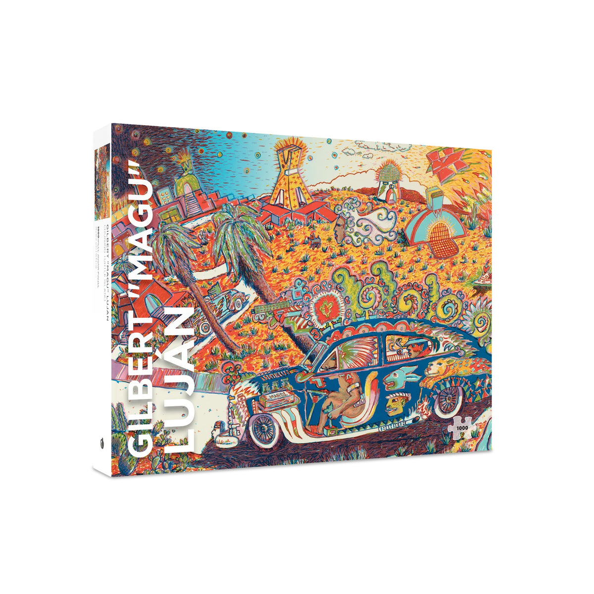 A 1000-piece jigsaw puzzle box featuring a highly detailed, colorful psychedelic illustration. The artwork depicts a vintage car with open doors, surrounded by surreal landscapes, figures, and intricate patterns in orange, blue, green, and yellow.