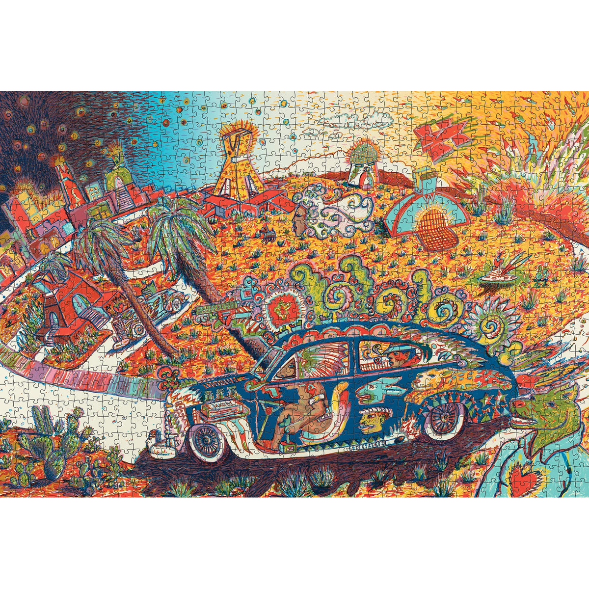 A colorful, highly detailed jigsaw puzzle featuring a psychedelic desert landscape with a decorated blue car, palm trees, buildings, and abstract floral patterns, shown against a white background.