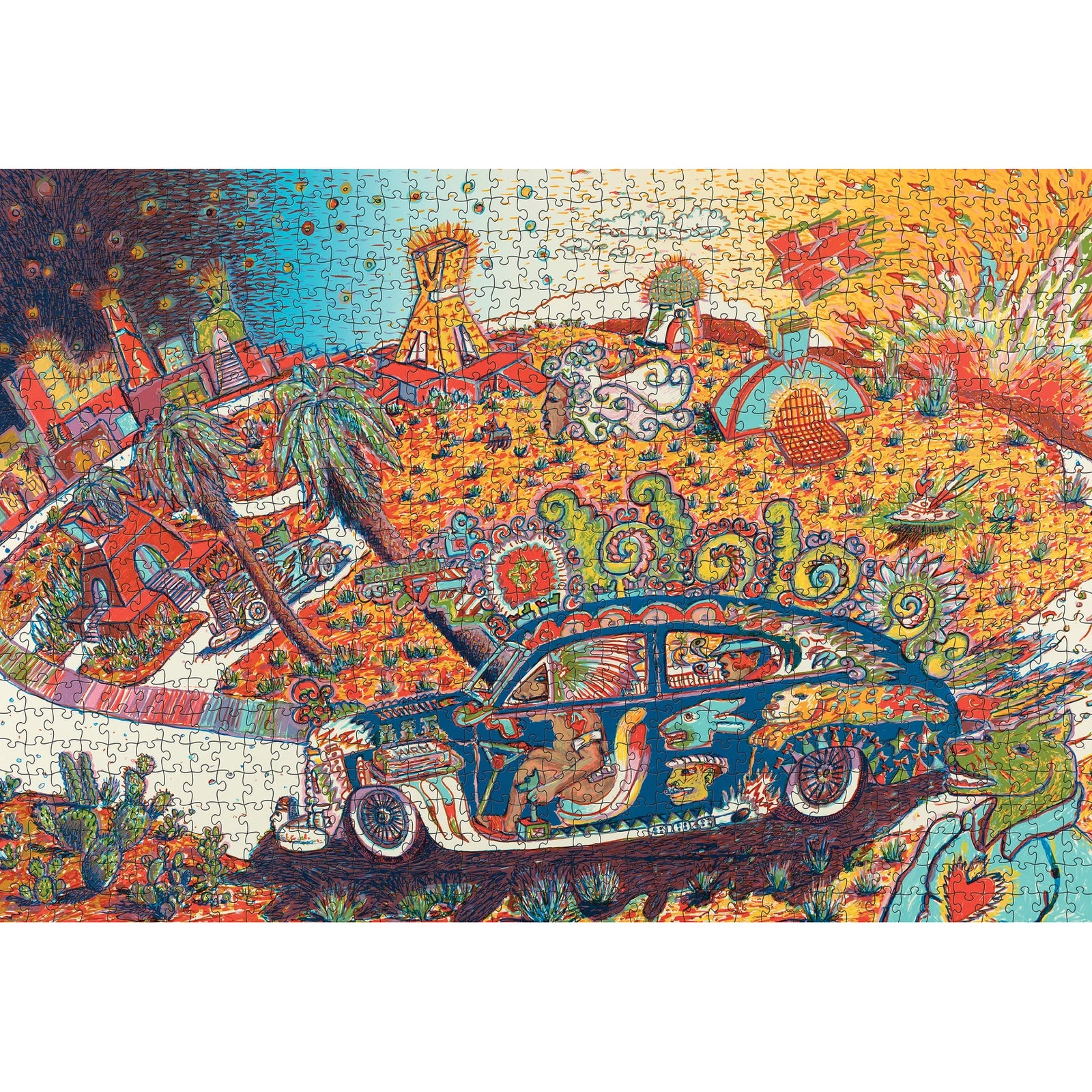 A 1000-piece jigsaw puzzle box featuring a highly detailed, colorful psychedelic illustration. The artwork depicts a vintage car with open doors, surrounded by surreal landscapes, figures, and intricate patterns in orange, blue, green, and yellow.