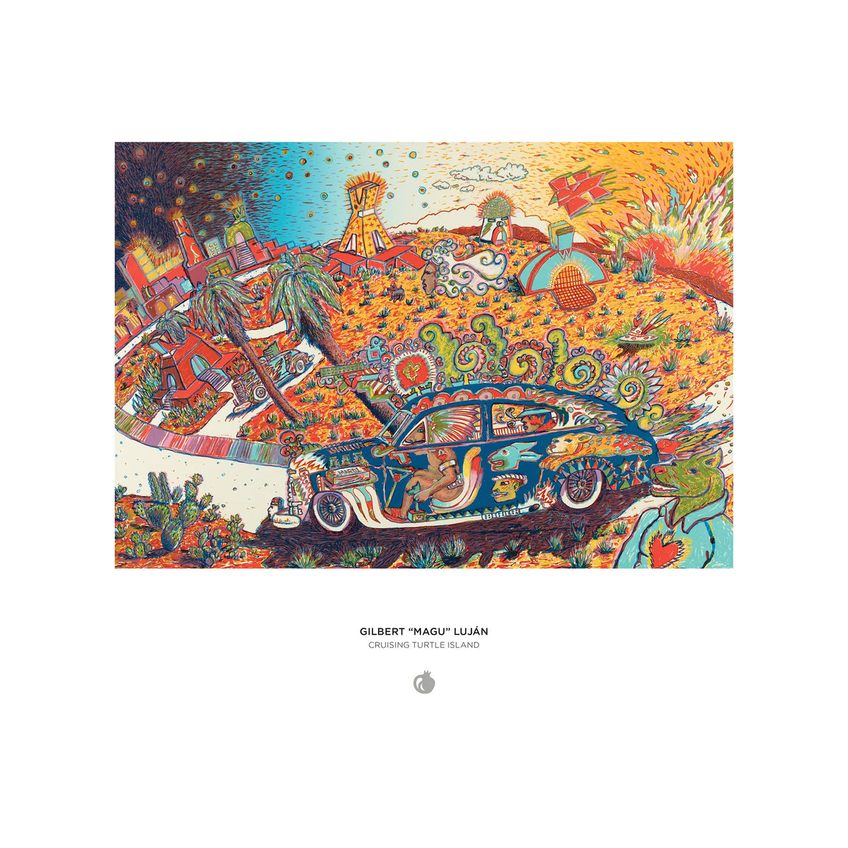 A colorful psychedelic art print by Gilbert 'Magu' Luhan, featuring a decorated blue car on a vibrant landscape, displayed on a clean white background with artist text below.