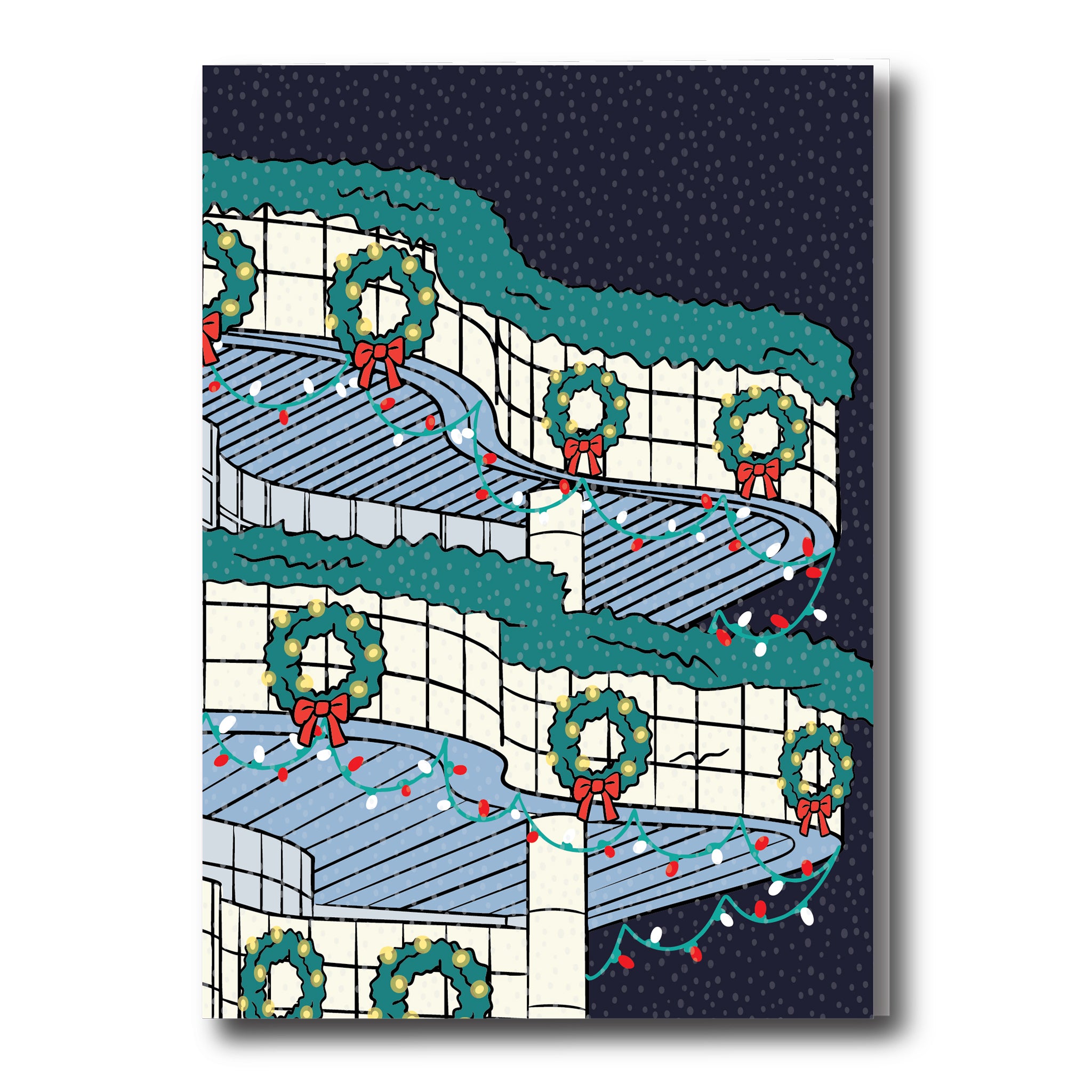 Illustration of a building with Christmas wreaths and lights on a snowy night.