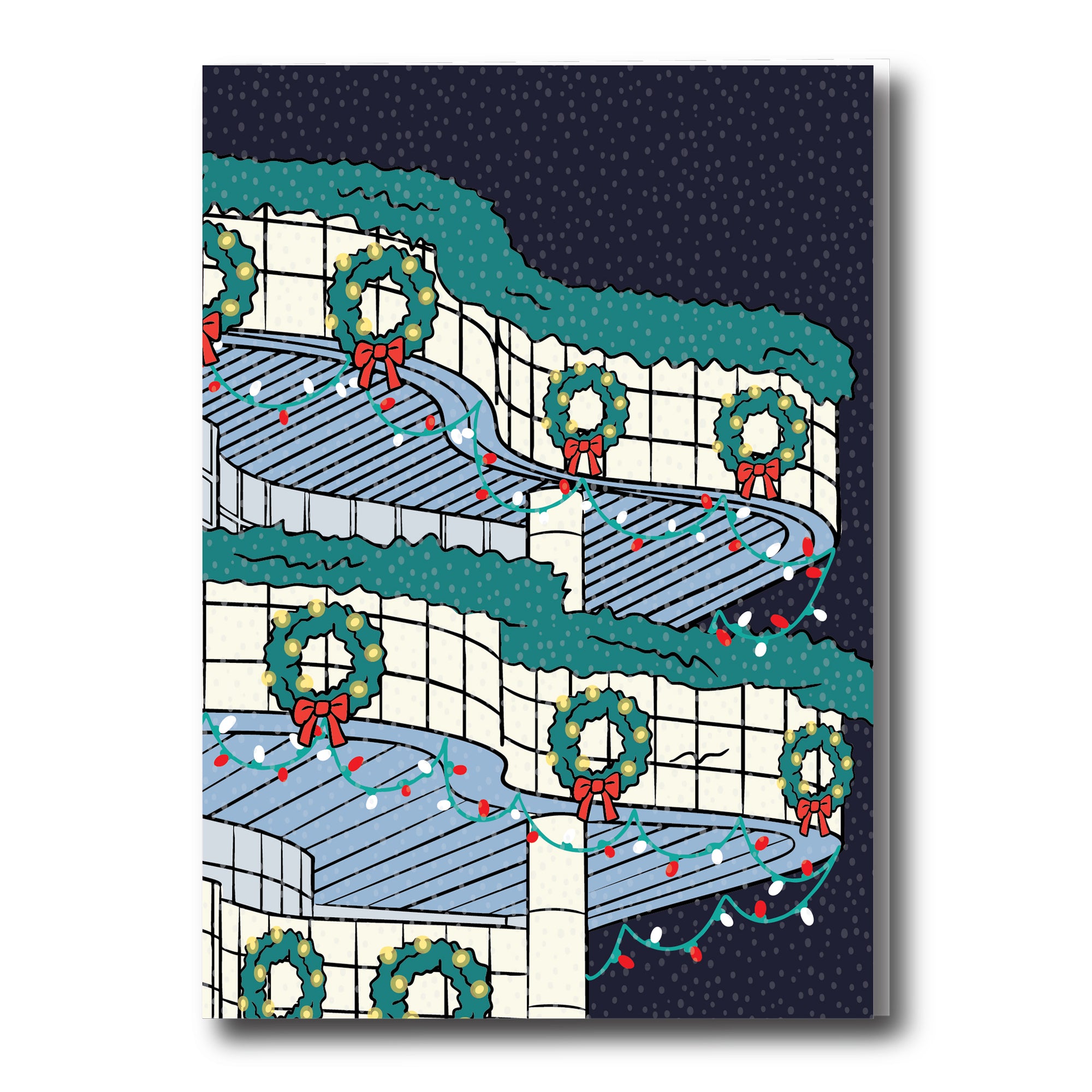 Illustration of a building with Christmas wreaths and lights on a snowy night.