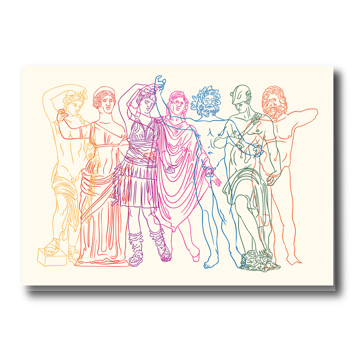 Colorful line drawing of classical statues on a beige background