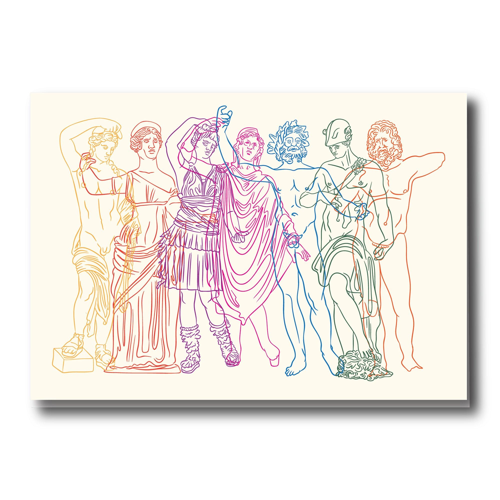 Colorful line drawing of classical statues on a beige background