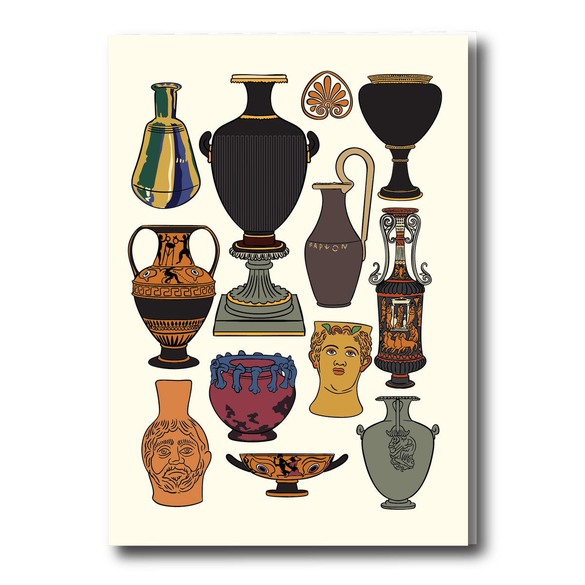 Collection of stylized ancient Greek vases on a beige background