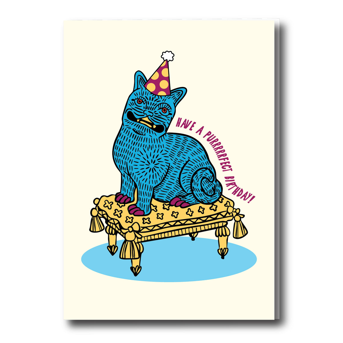 Card with a blue cat wearing a party hat and text on a yellow background