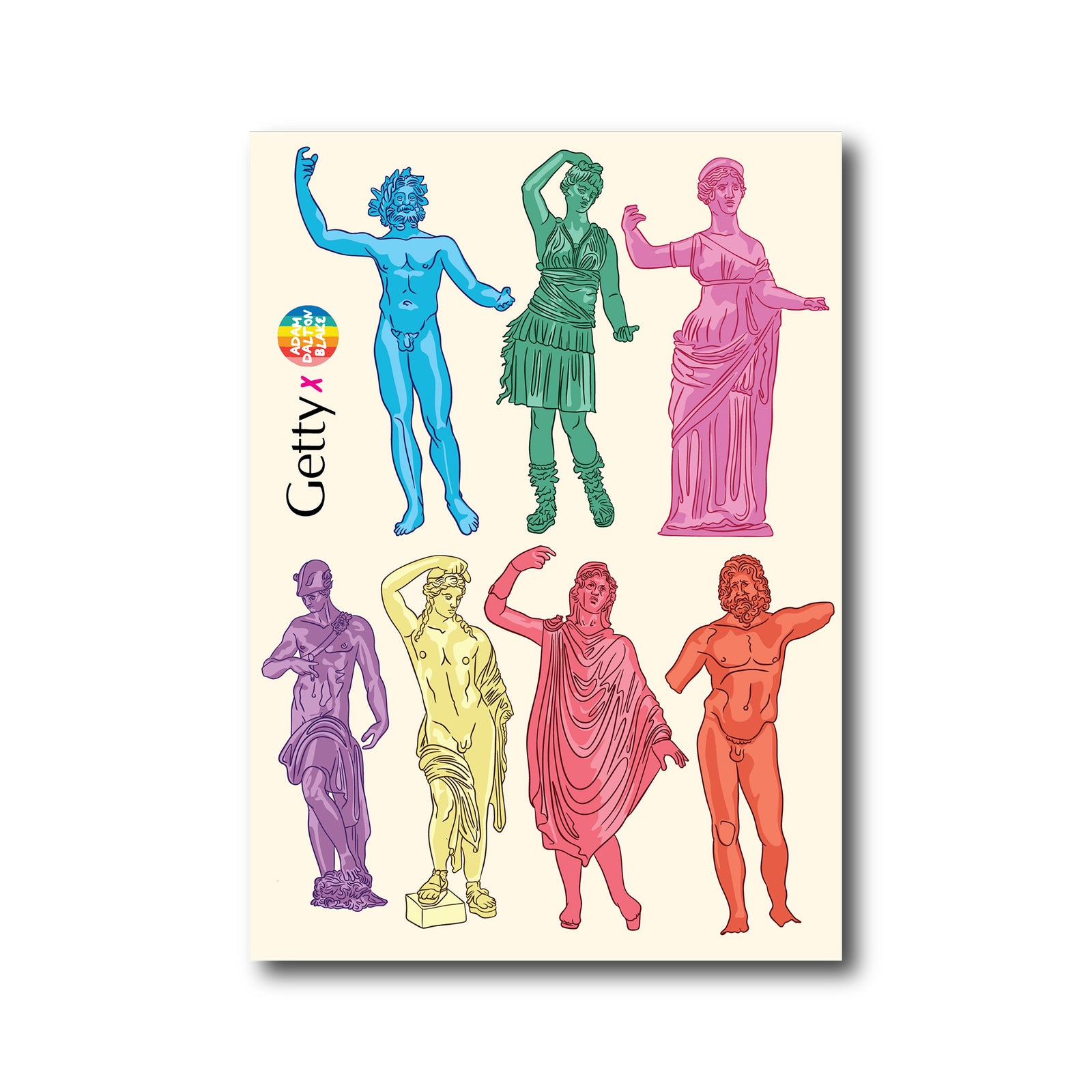 Colorful statues of classical figures on a beige background with Getty logo.