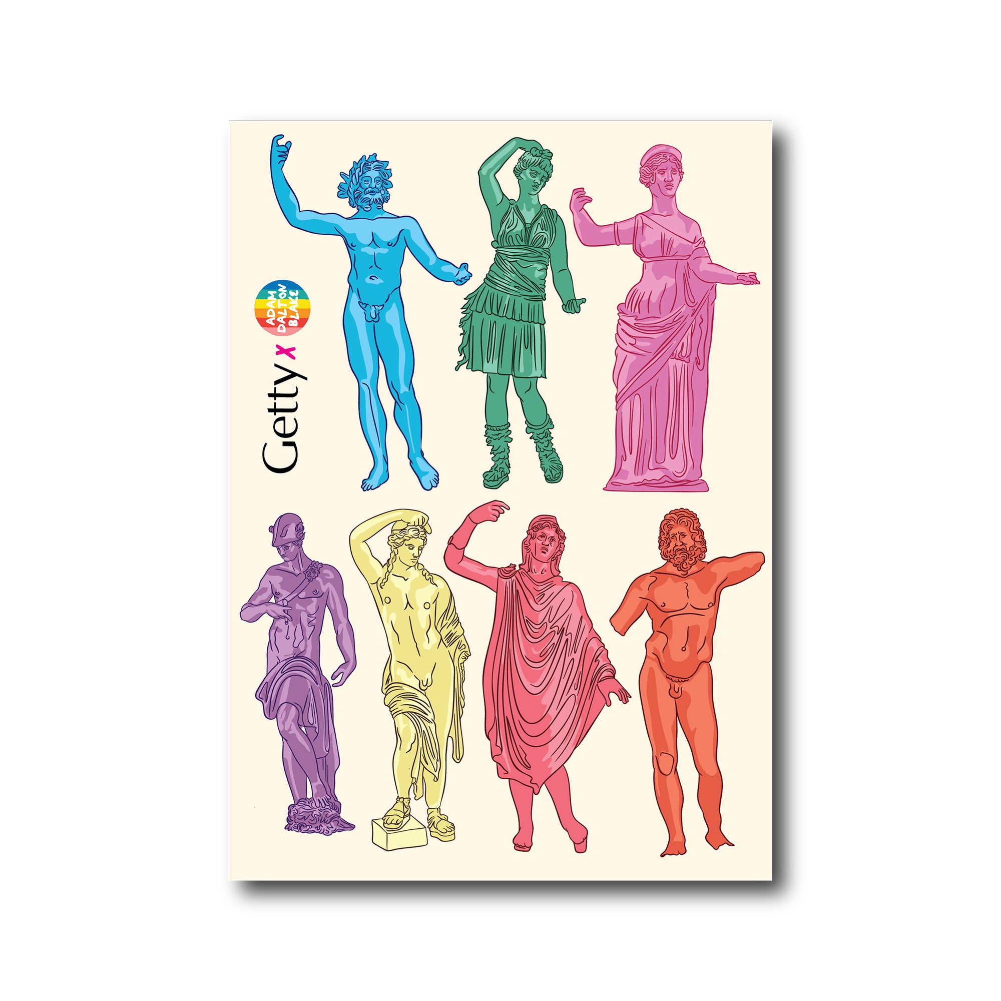 Colorful statues of classical figures on a beige background with Getty logo.